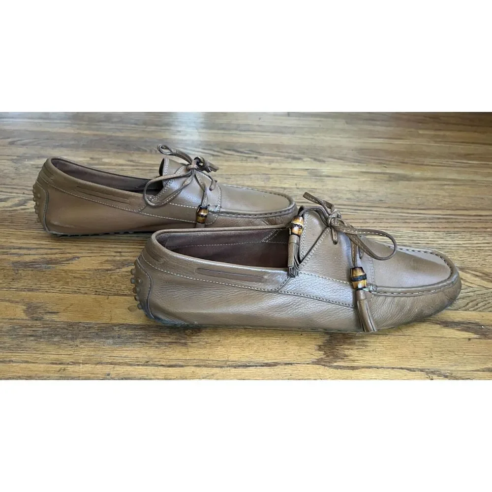 Vintage  GUCCI Tan Leather Tie Up Moccasin Loafers Italy Shoes  Mens Size 10.5
